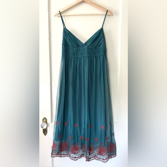 Vintage Betsey Johnson Mesh Tulle Embroidered Dress 90s Blue Red 6 - Picture 1 of 7